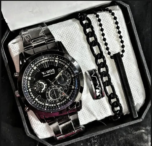 Pack Of 5 Mega Deal Men's Gift Wedding Watch Deal -Top Class High Quality Wrist Watch+Gold Stainless steel Luxury Italian Cuban Link Bracelet For Men/Boys Luxury Classic Business Sport Watch for Men / Boys AlRashid Shopping Store